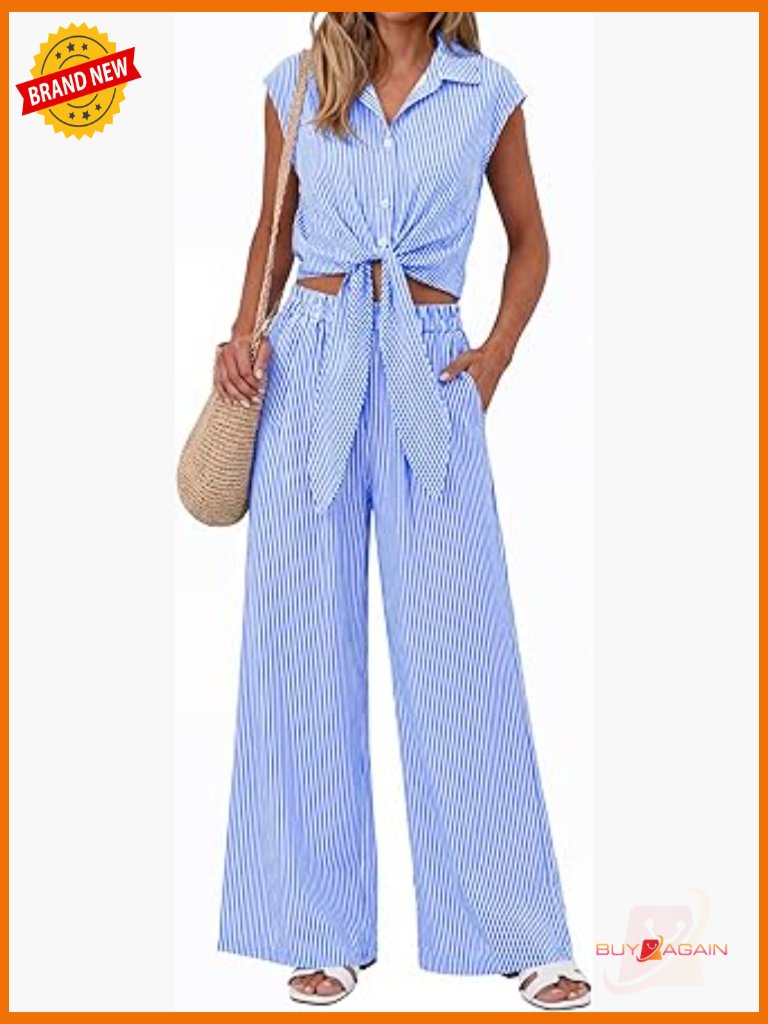 2 Piece Lounge Set Button Down Crop Top Wide Leg Pants Summer